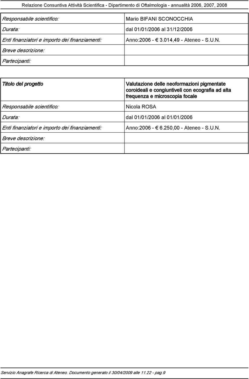 Breve descrizione: Partecipanti: Titolo del progetto Responsabile scientifico: Valutazione delle neoformazioni pigmentate coroideali e congiuntiveli con