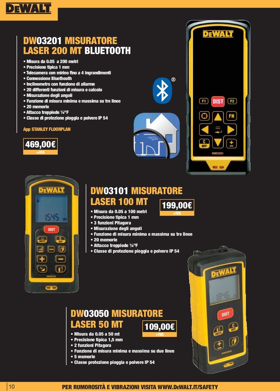 degli angoli Funzione di misura minima e massima su tre linee 20 memorie Attacco treppiede ¼"F Classe di protezione pioggia e polvere IP 54 App STANLEY FLOORPLAN 469,00 DW03101 MISURATORE LASER 100