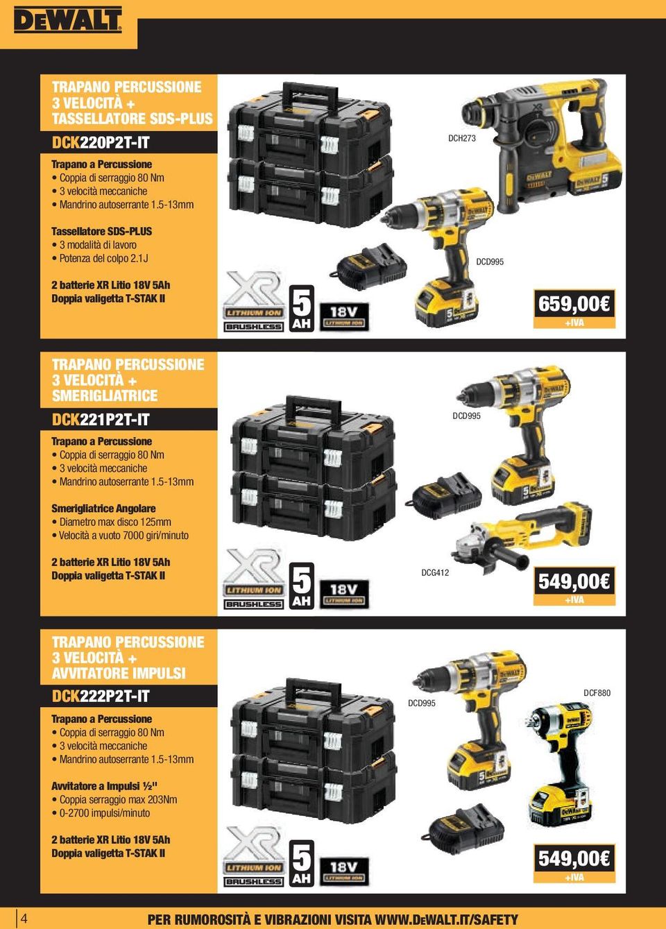 1J DCD995 2 batterie XR Litio 18V 5Ah Doppia valigetta T-STAK II 659,00 TRAPANO PERCUSSIONE 3 VELOCITÀ + SMERIGLIATRICE DCK221P2T-IT Trapano a Percussione Coppia di serraggio 80 Nm 3 velocità