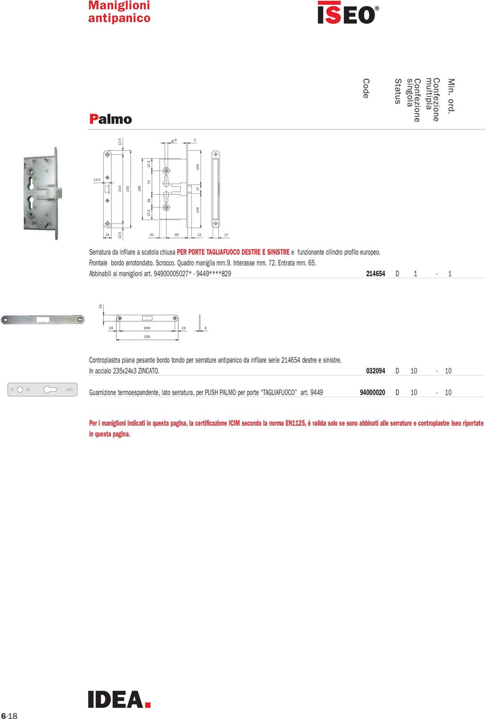 Interasse mm. 72. Entrata mm. 65. Abbinabili ai maniglioni art.