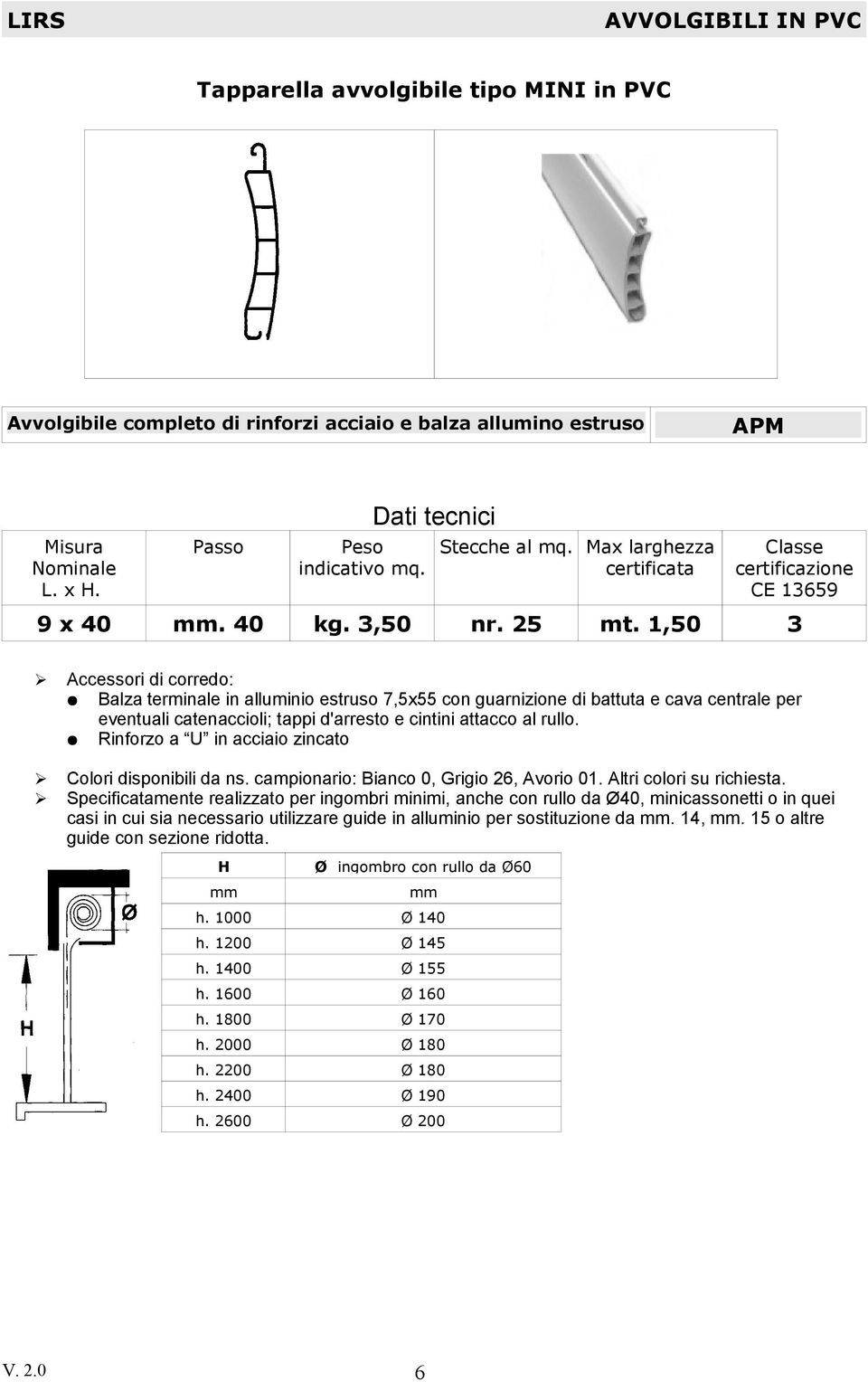 1,50 Classe certificazione CE 13659 3 Accessori di corredo: Balza terminale in alluminio estruso 7,5x55 con guarnizione di battuta e cava centrale per eventuali catenaccioli; tappi d'arresto e