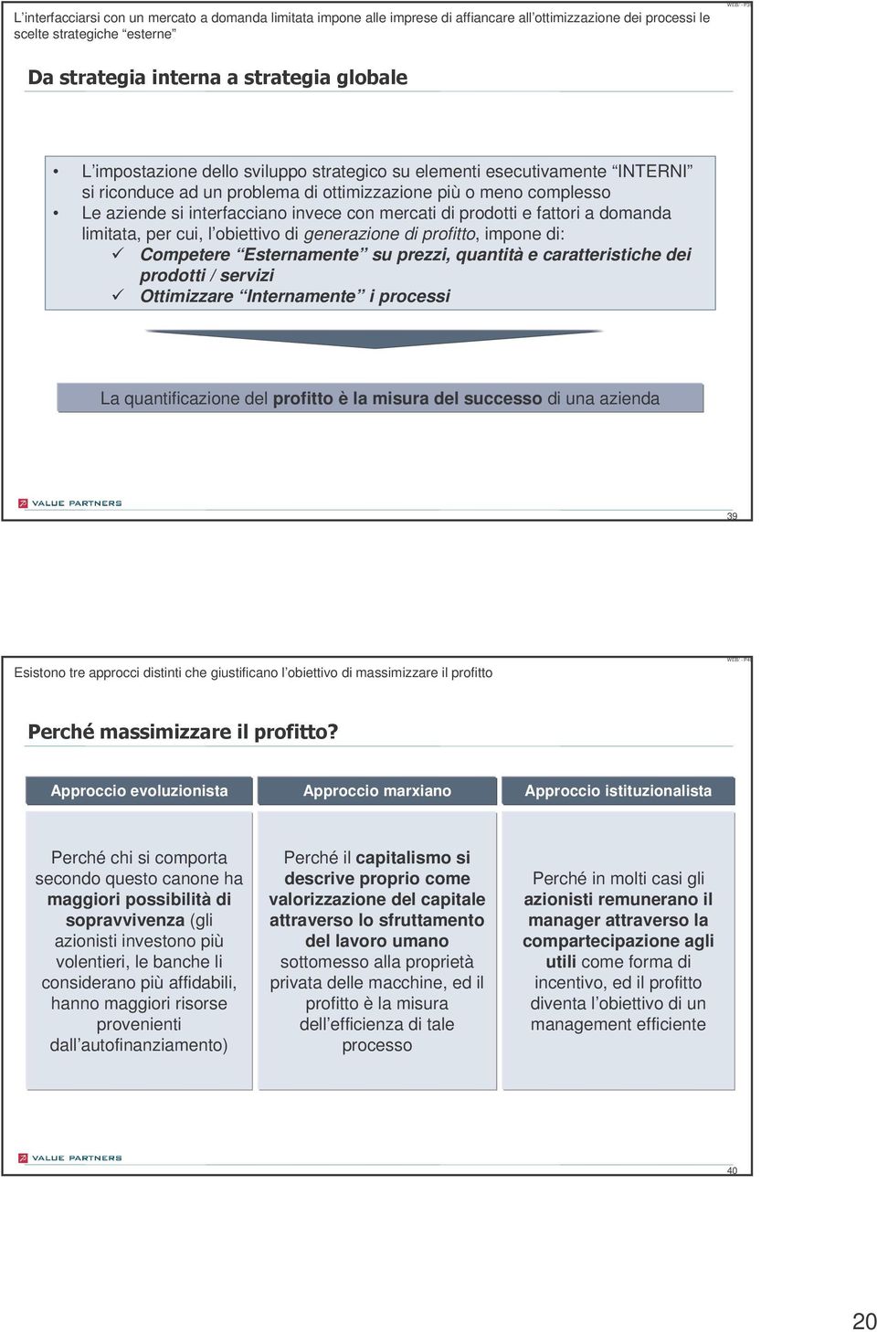 l obiettivo di generazione di profitto, impone di: Competere Esternamente su prezzi, quantità e caratteristiche dei prodotti / servizi Ottimizzare Internamente i processi La quantificazione del