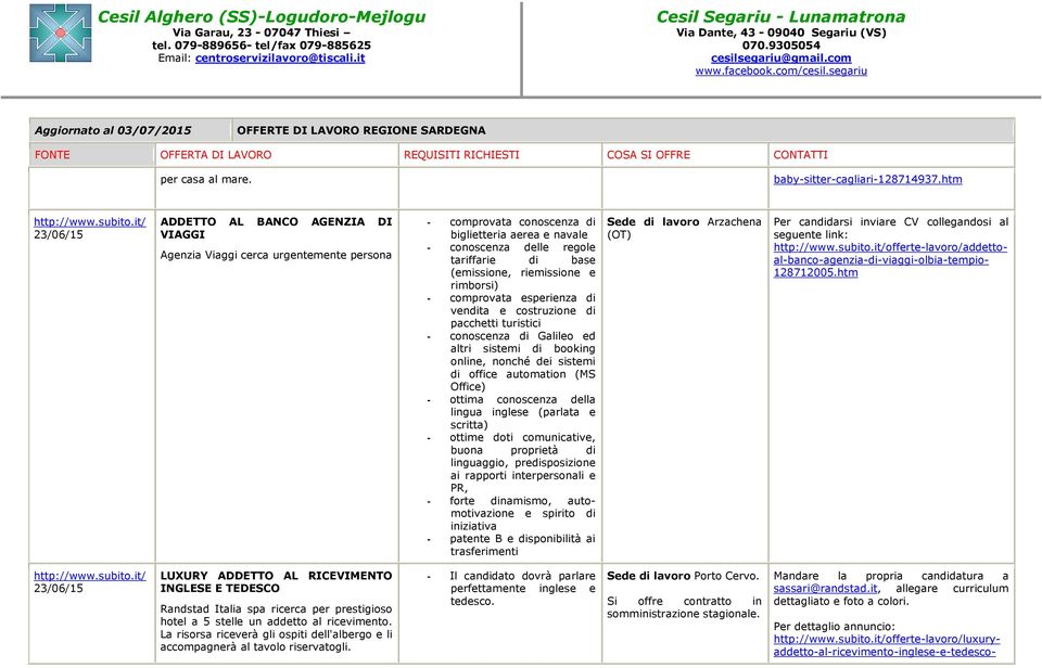 (emissione, riemissione e rimborsi) - comprovata esperienza di vendita e costruzione di pacchetti turistici - conoscenza di Galileo ed altri sistemi di booking online, nonché dei sistemi di office