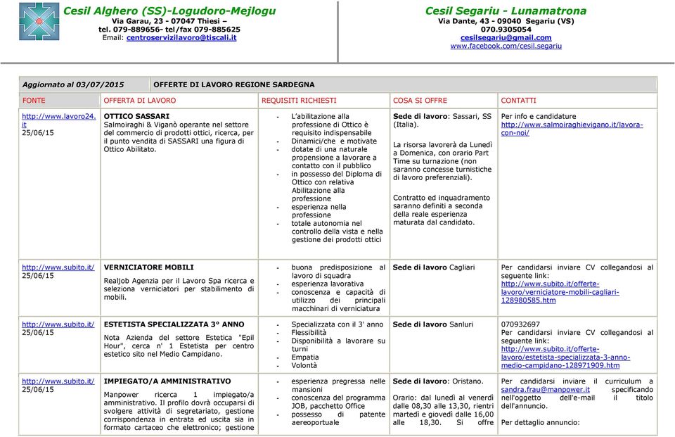 di Ottico con relativa Abilitazione alla professione - esperienza nella professione - totale autonomia nel controllo della vista e nella gestione dei prodotti ottici Sede di lavoro: Sassari, SS