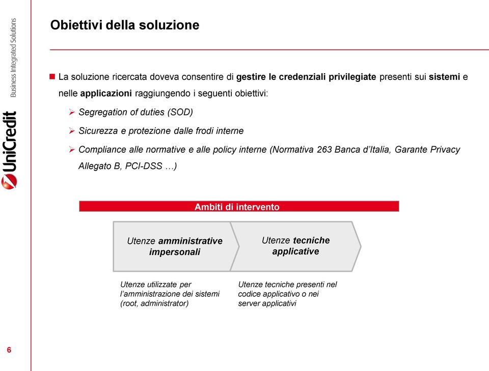 interne (Normativa 263 Banca d Italia, Garante Privacy Allegato B, PCI-DSS ) Ambiti di intervento Utenze amministrative impersonali Utenze tecniche