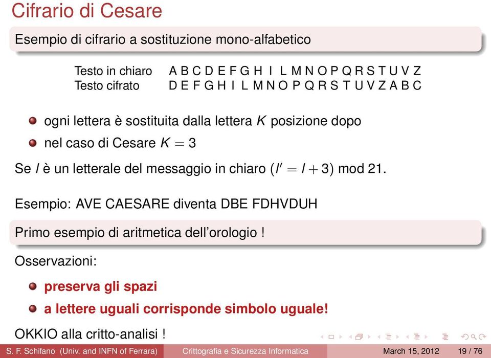 (l = l + 3) mod 21. Esempio: AVE CAESARE diventa DBE FDHVDUH Primo esempio di aritmetica dell orologio!