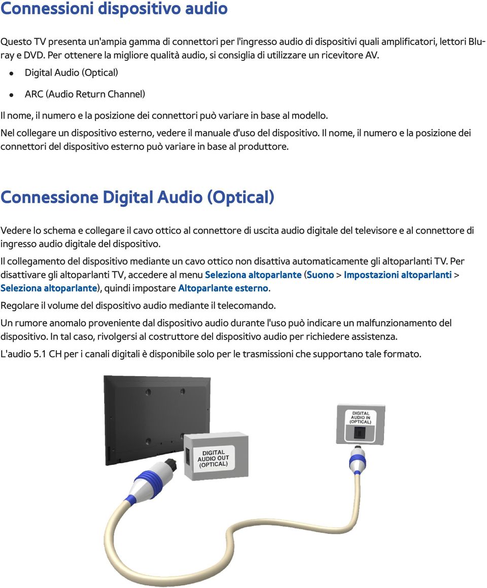 Digital Audio (Optical) ARC (Audio Return Channel) Il nome, il numero e la posizione dei connettori può variare in base al modello.