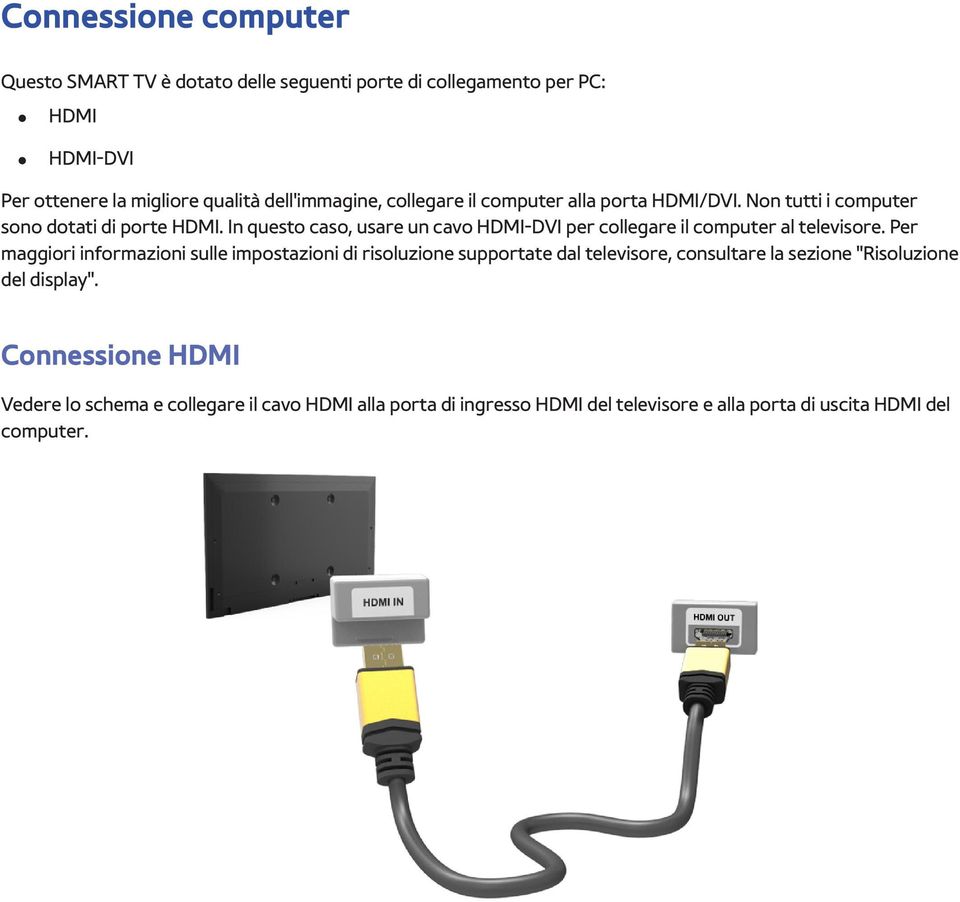 In questo caso, usare un cavo HDMI-DVI per collegare il computer al televisore.