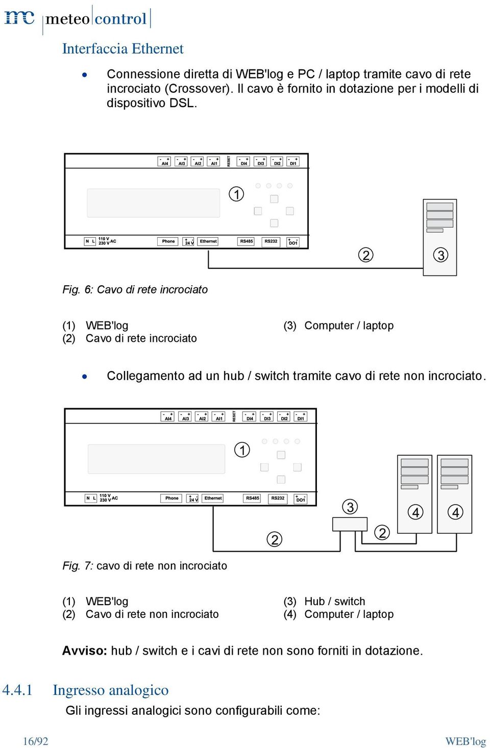 6: Cavo di rete incrociato (1) WEB'log (3) Computer / laptop (2) Cavo di rete incrociato Collegamento ad un hub / switch tramite cavo di rete non