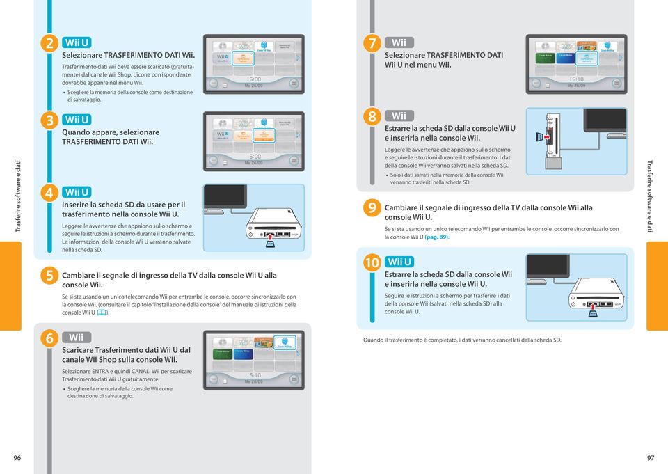 Inserire la scheda SD da usare per il trasferimento nella console Wii U. Leggere le avvertenze che appaiono sullo schermo e seguire le istruzioni a schermo durante il trasferimento.