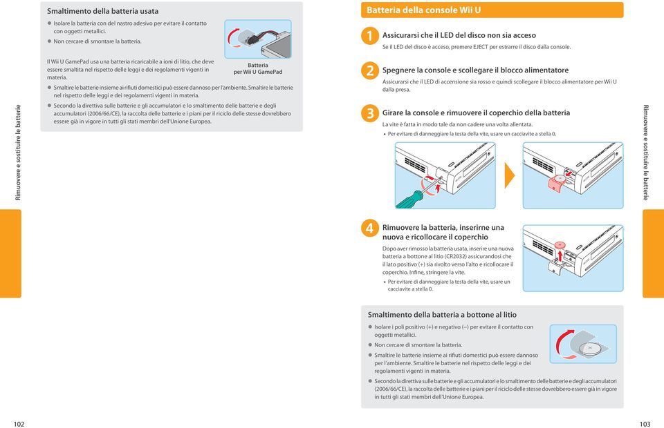 Il Wii U GamePad usa una batteria ricaricabile a ioni di litio, che deve essere smaltita nel rispetto delle leggi e dei regolamenti vigenti in materia.