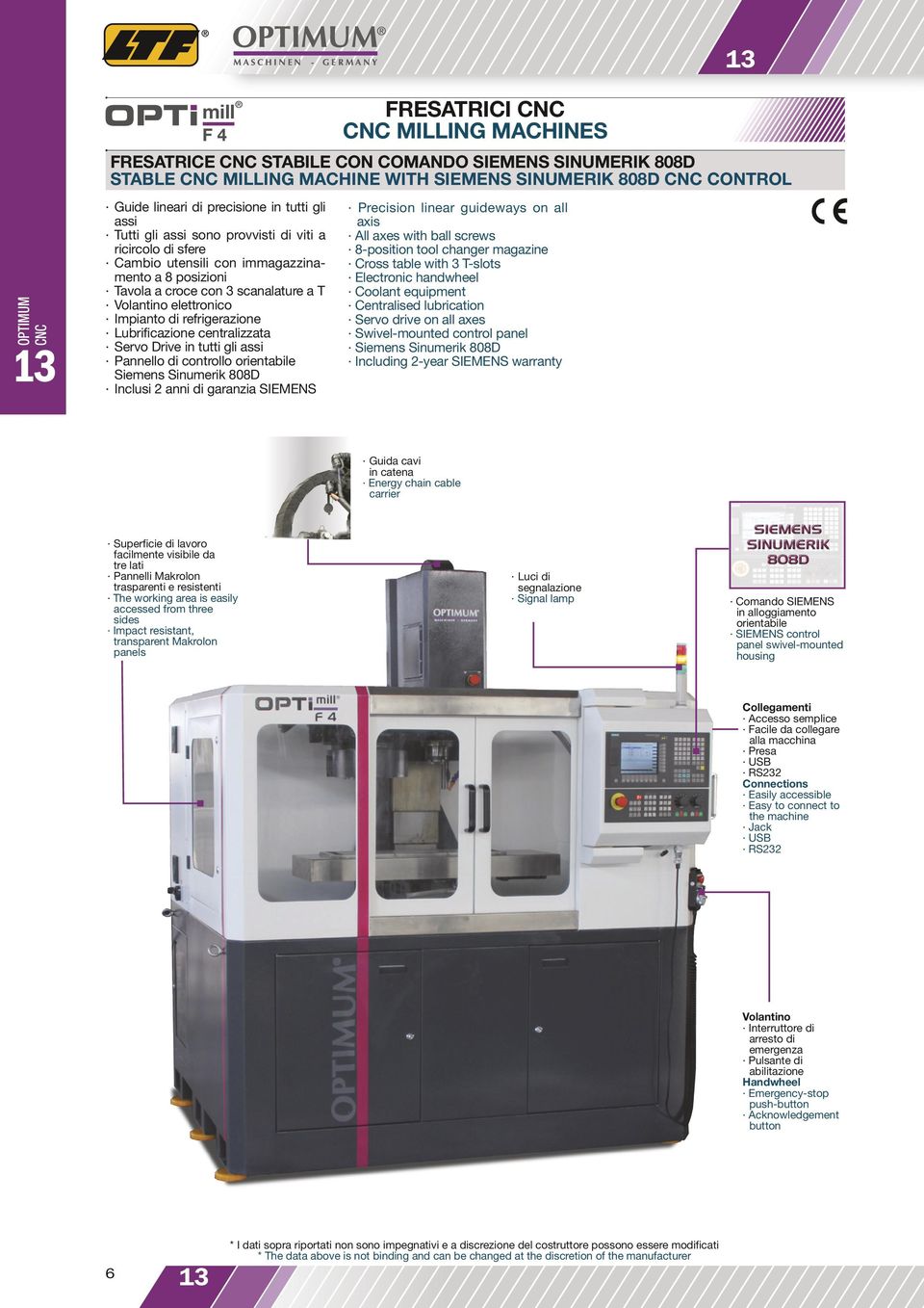 Lubrificazione centralizzata Servo Drive in tutti gli assi Pannello di controllo orientabile Siemens Sinumerik 808D Inclusi 2 anni di garanzia SIEMENS Precision linear guideways on all axis All axes