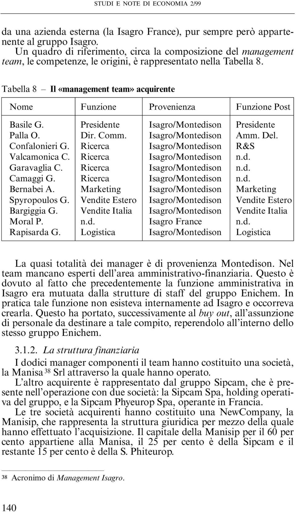 Tabella 8 Il «management team» acquirente Nome Funzione Provenienza Funzione Post Basile G. Presidente Isagro/Montedison Presidente Palla O. Dir. Comm. Isagro/Montedison Amm. Del. Confalonieri G.