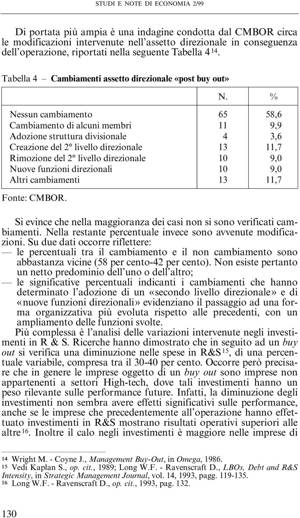 % Nessun cambiamento 65 58,6 Cambiamento di alcuni membri 11 9,9 Adozione struttura divisionale 4 3,6 Creazione del 2 livello direzionale 13 11,7 Rimozione del 2 livello direzionale 10 9,0 Nuove