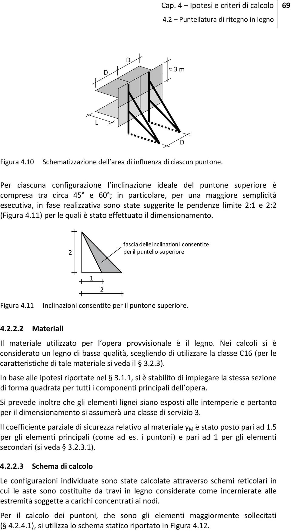 le pendenze limite 2:1 e 2:2 (Figura 4.11) per le quali è stato effettuato il dimensionamento. 2 fascia delleinclinazioni consentite peril puntello superiore 1 2 Figura 4.