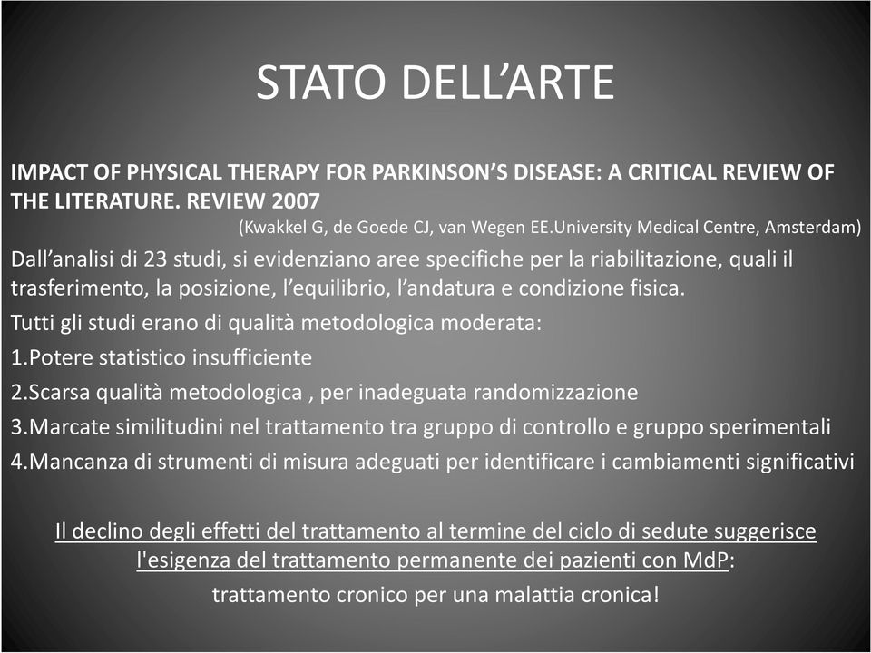 fisica. Tutti gli studi erano di qualità metodologica moderata: 1.Potere statistico insufficiente 2.Scarsa qualità metodologica, per inadeguata randomizzazione 3.