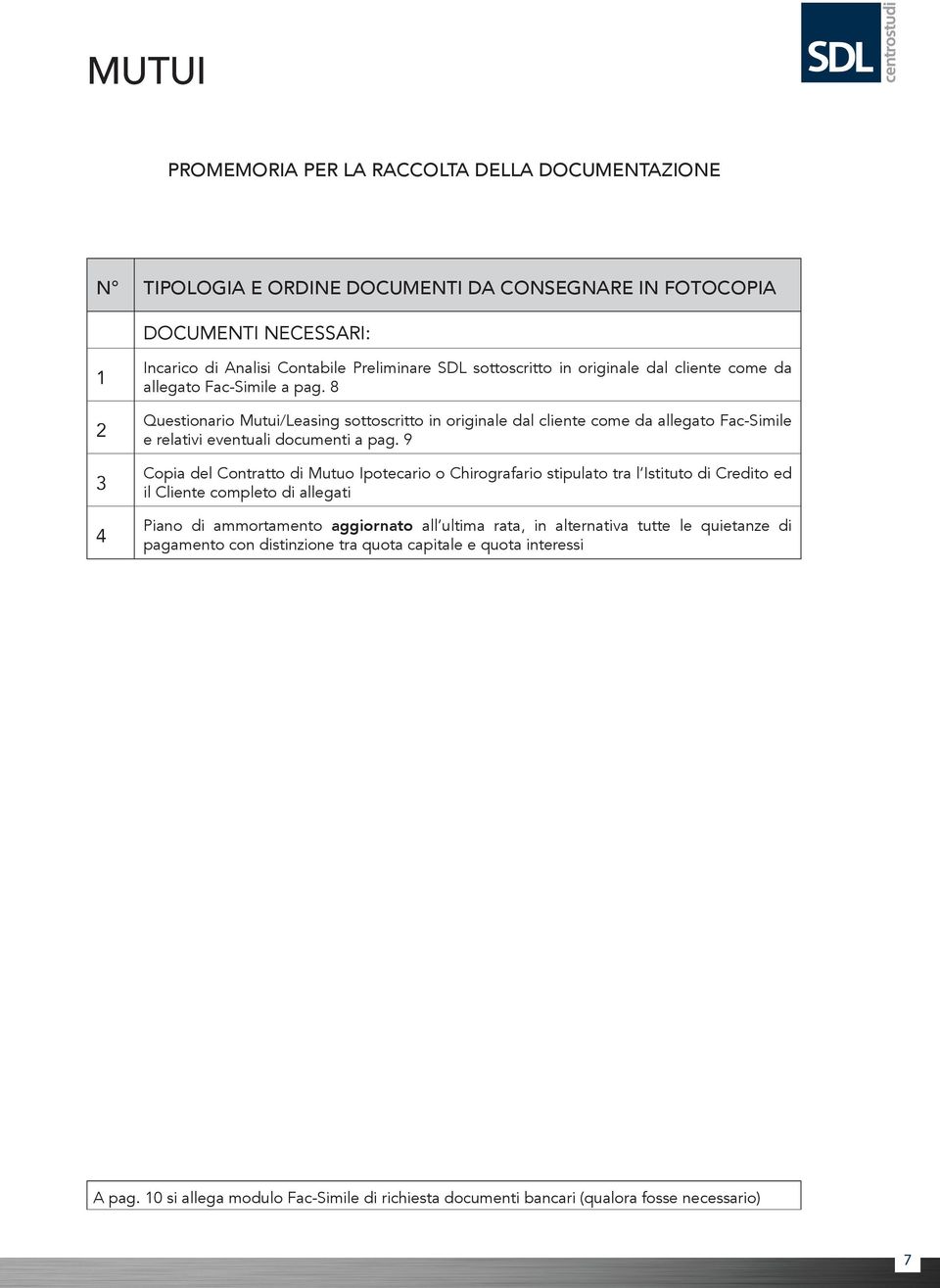 8 Questionario Mutui/Leasing sottoscritto in originale dal cliente come da allegato Fac-Simile e relativi eventuali documenti a pag.