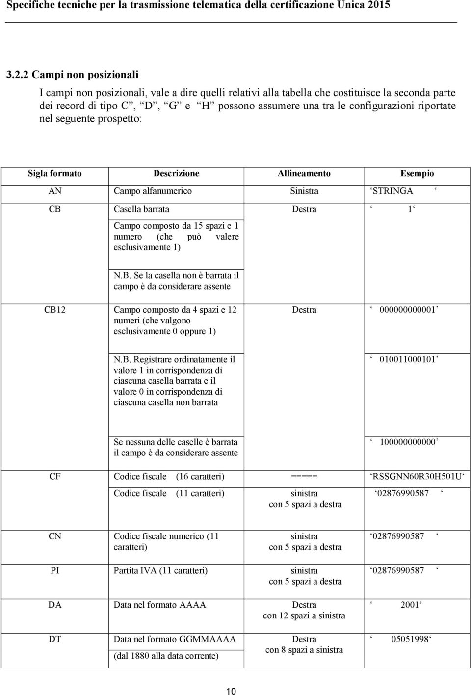 2 Campi non posizionali I campi non posizionali, vale a dire quelli relativi alla tabella che costituisce la seconda parte dei record di tipo C, D, G e H possono assumere una tra le configurazioni