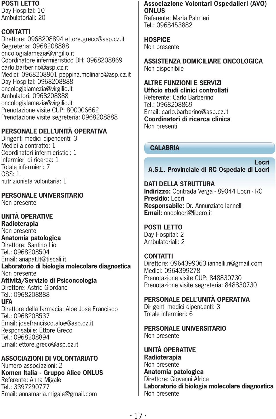 it Prenotazione visite CUP: 800006662 Prenotazione visite segreteria: 0968208888 Dirigenti medici dipendenti: 3 Medici a contratto: 1 Infermieri di ricerca: 1 Totale infermieri: 7 OSS: 1