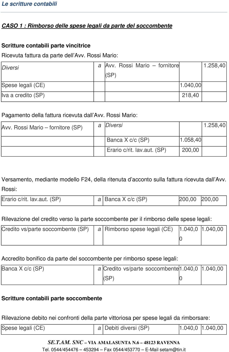 58,4 Erario c/rit. lav.aut. 2, Versamento, mediante modello F24, della ritenuta d acconto sulla fattura ricevuta dall Avv. Rossi: Erario c/rit. lav.aut. a Banca X c/c 2, 2, Rilevazione del credito verso la parte soccombente per il rimborso delle spese legali: Credito vs/parte soccombente a Rimborso spese legali (CE) 1.