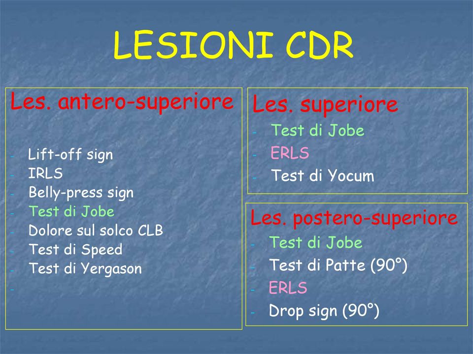 - Dolore sul solco CLB - Test di Speed - Test di Yergason - Les.