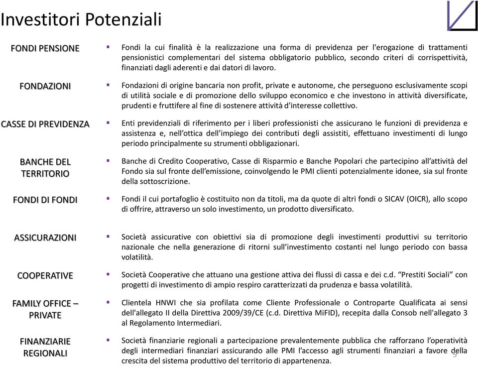 FONDAZIONI Fondazioni di origine bancaria non profit, private e autonome, che perseguono esclusivamente scopi di utilità sociale e di promozione dello sviluppo economico e che investono in attività