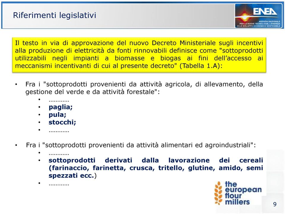 A): Fra i "sottoprodotti provenienti da attività agricola, di allevamento, della gestione del verde e da attività forestale": paglia; pula; stocchi; Fra i "sottoprodotti