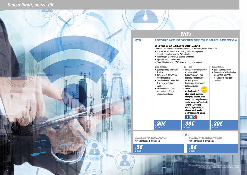 Fino a 6 reti wireless con accesso gratuito o a pagamento Firewall integrata e segnale WiFi criptato Monitoraggio e assistenza garantiti e continui Ripristino next business day Possibilità di coprire