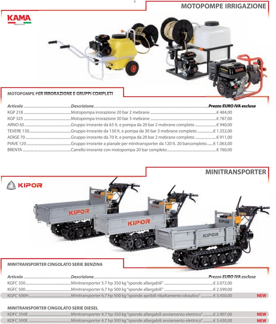 ..Gruppo irrorante da 70 lt. e pompa da 20 bar 2 mebrane completo... 911,00 PIAVE 120...Gruppo irrorante a pianale per minitransporter da 120 lt. 20 barcompleto... 1.063,00 BRENTA.