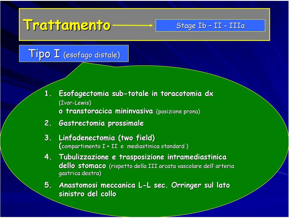 Gastrectomia prossimale 3. Linfadenectomia (two( field) (compartimento I + II e mediastinica standard ) 4.