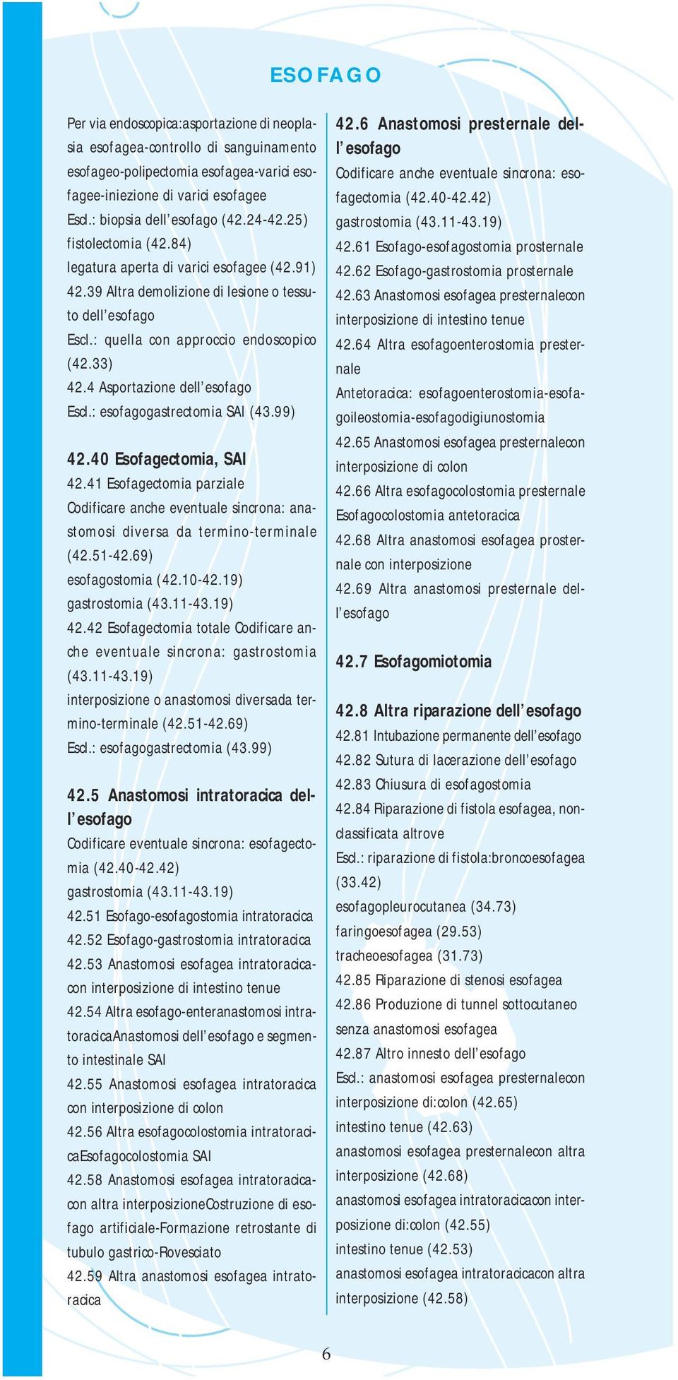 4 Asportazione dell esofago Escl.: esofagogastrectomia SAI (43.99) 42.40 Esofagectomia, SAI 42.