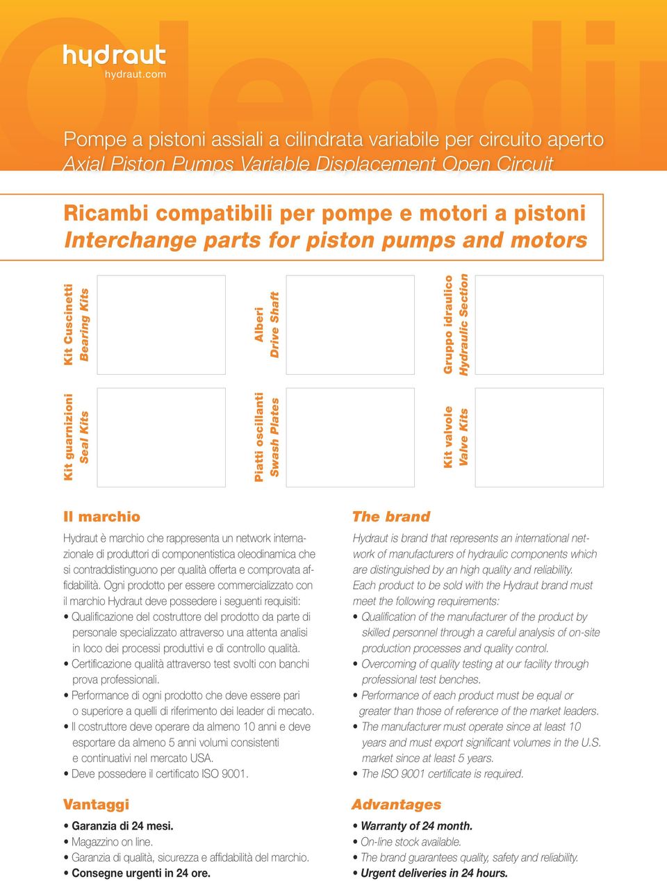 Swash Plates Kit valvole Valve Kits Kit Cuscinetti Bearing Kits Alberi Drive Shaft Gruppo idraulico Hydraulic Section Il marchio Hydraut è marchio che rappresenta un network internazionale di