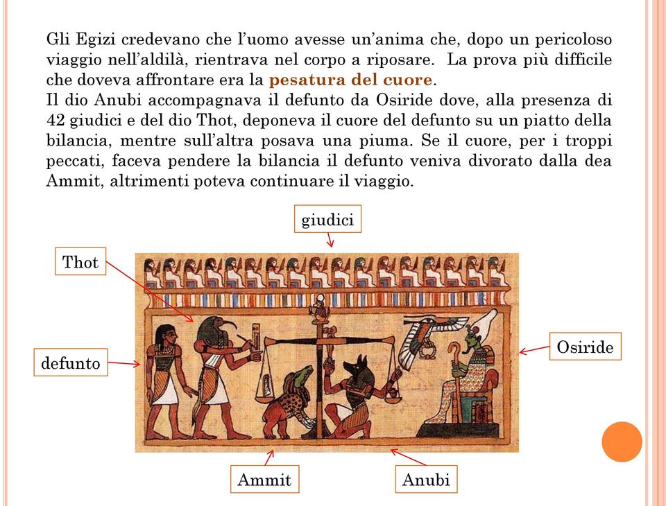 Il dio Anubi accompagnava il defunto da Osiride dove, alla presenza di 42 giudici e del dio Thot, deponeva il cuore del defunto su un piatto