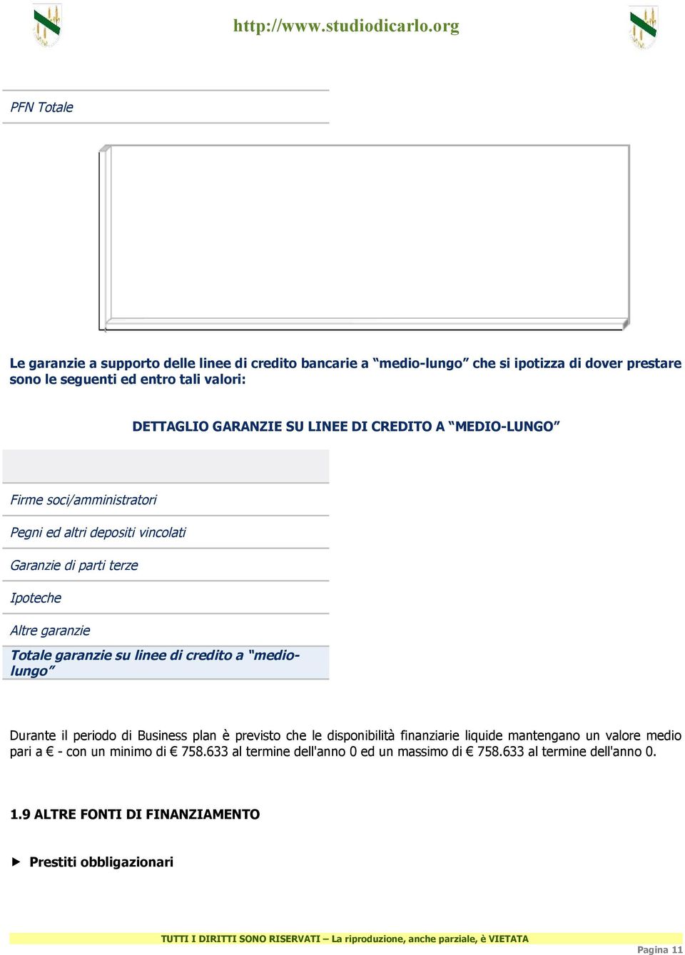 garanzie su linee di credito a mediolungo Durante il periodo di Business plan è previsto che le disponibilità finanziarie liquide mantengano un valore medio pari