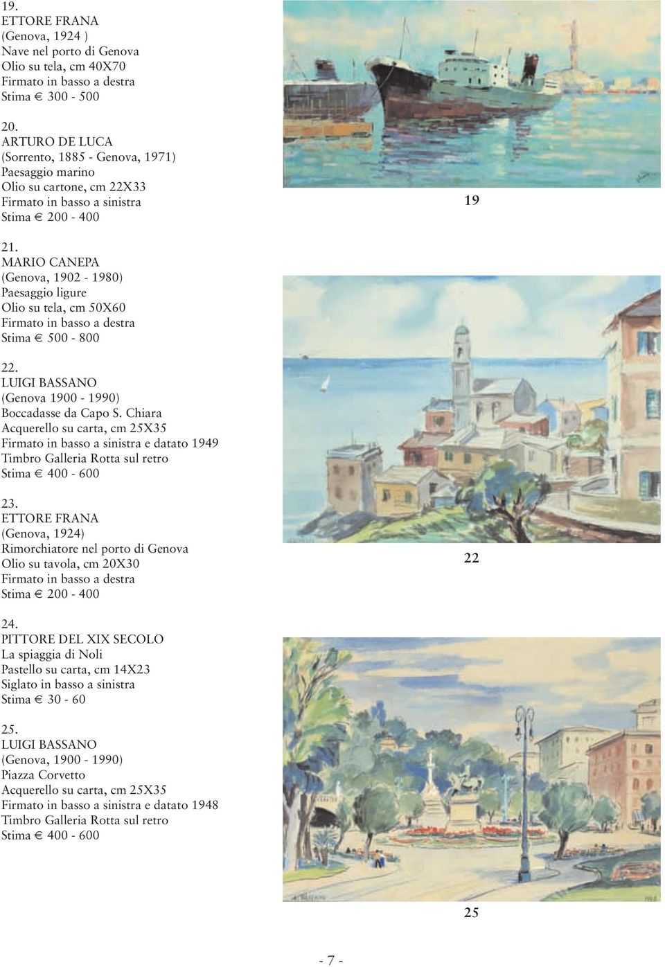 MARIO CANEPA (Genova, 1902-1980) Paesaggio ligure Olio su tela, cm 50X60 Stima 500-800 22. LUIGI BASSANO (Genova 1900-1990) Boccadasse da Capo S.