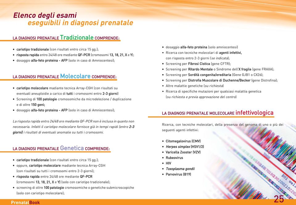 cariotipo molecolare madiante tecnica Array-CGH (con risultati su eventuali aneuploidie a carico di tutti i cromosomi entro 2-3 giorni) Screening di 100 patologie cromosomiche da microdelezione /