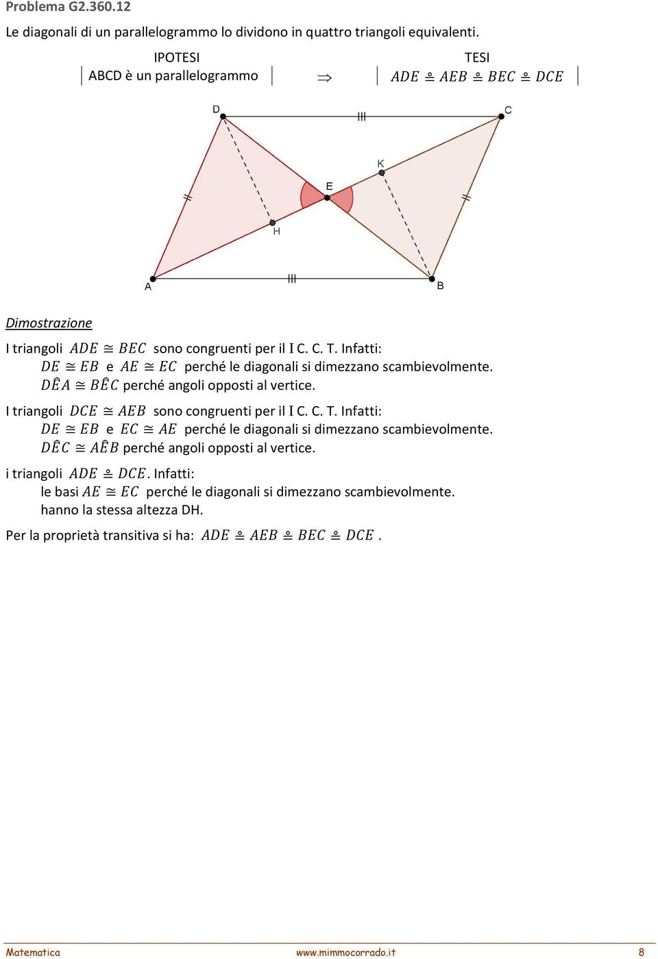 perché angoli opposti al vertice. I triangoli sono congruenti per il I C. C. T. Infatti: e perché le diagonali si dimezzano scambievolmente.