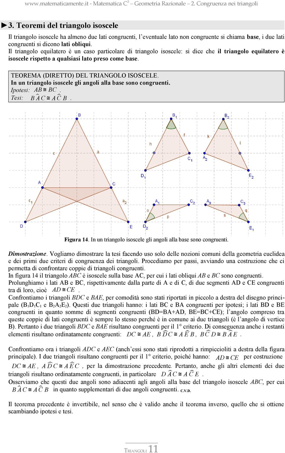 In un triangolo isoscele gli angoli alla base sono congruenti. Ipotesi: C. Tesi: C C. Figura 14. In un triangolo isoscele gli angoli alla base sono congruenti. Dimostrazione.