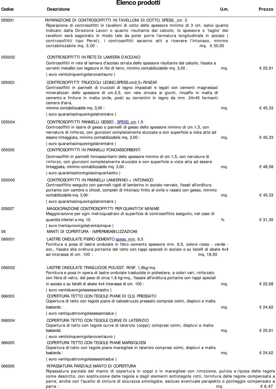 controsoffitti tipo Peret), i controsoffitti saranno atti a ricevere l'intonaco, minimo contabilizzabile mq. 3,00 : mq.