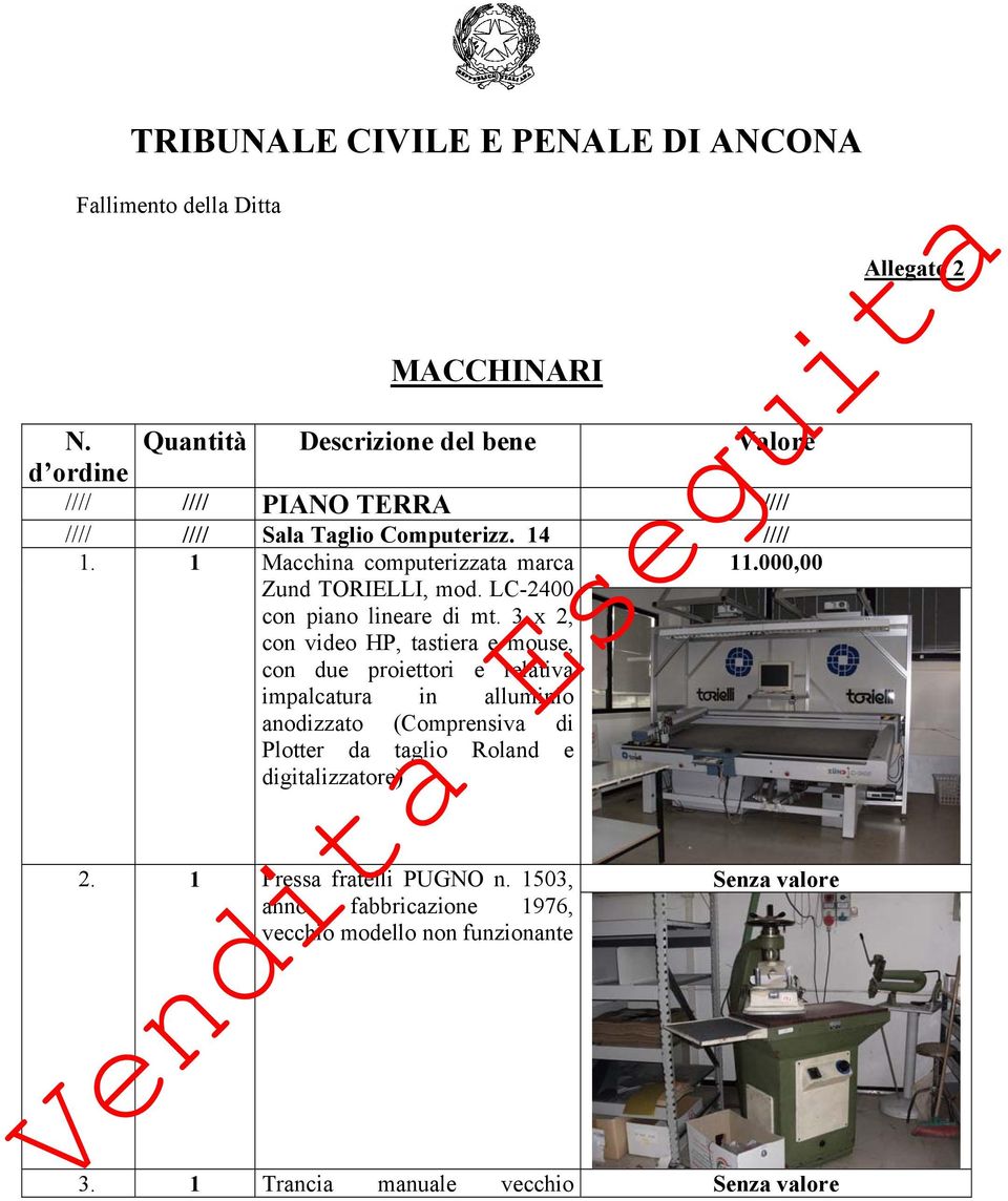 1 Macchina computerizzata marca Zund TORIELLI, mod. LC-2400 con piano lineare di mt.