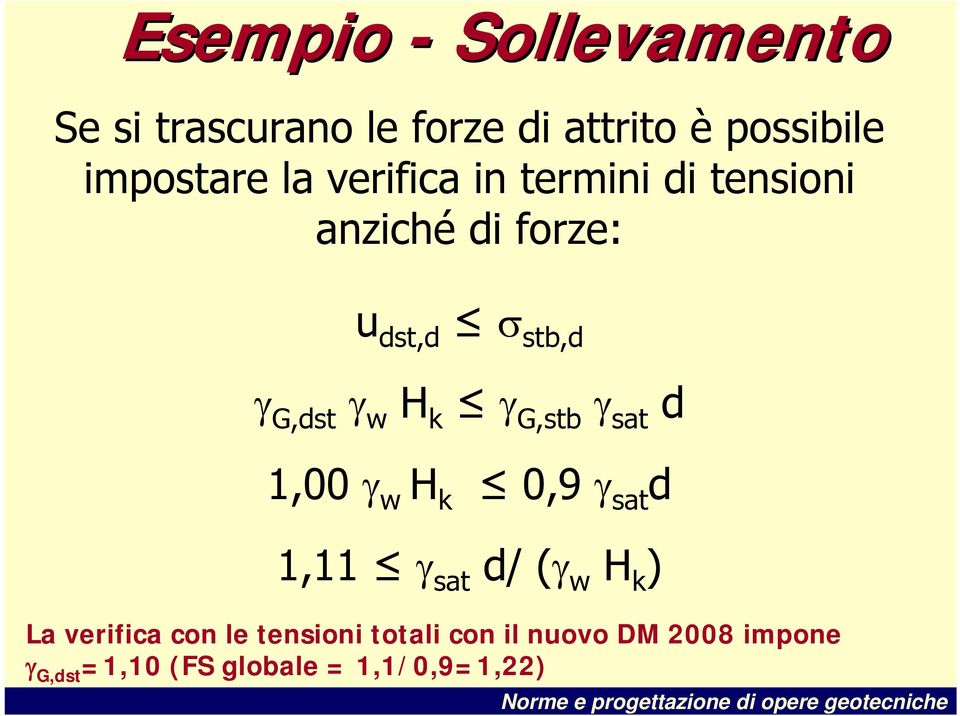 G,stb γ sat d 1,00 γ w H k 0,9 γ sat d 1,11 γ sat d/ (γ w H k ) La verifica con le