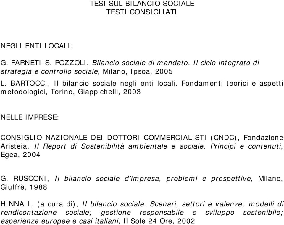 Fondamenti teorici e aspetti metodologici, Torino, Giappichelli, 2003 NELLE IMPRESE: CONSIGLIO NAZIONALE DEI DOTTORI COMMERCIALISTI (CNDC), Fondazione Aristeia, Il Report di Sostenibilità