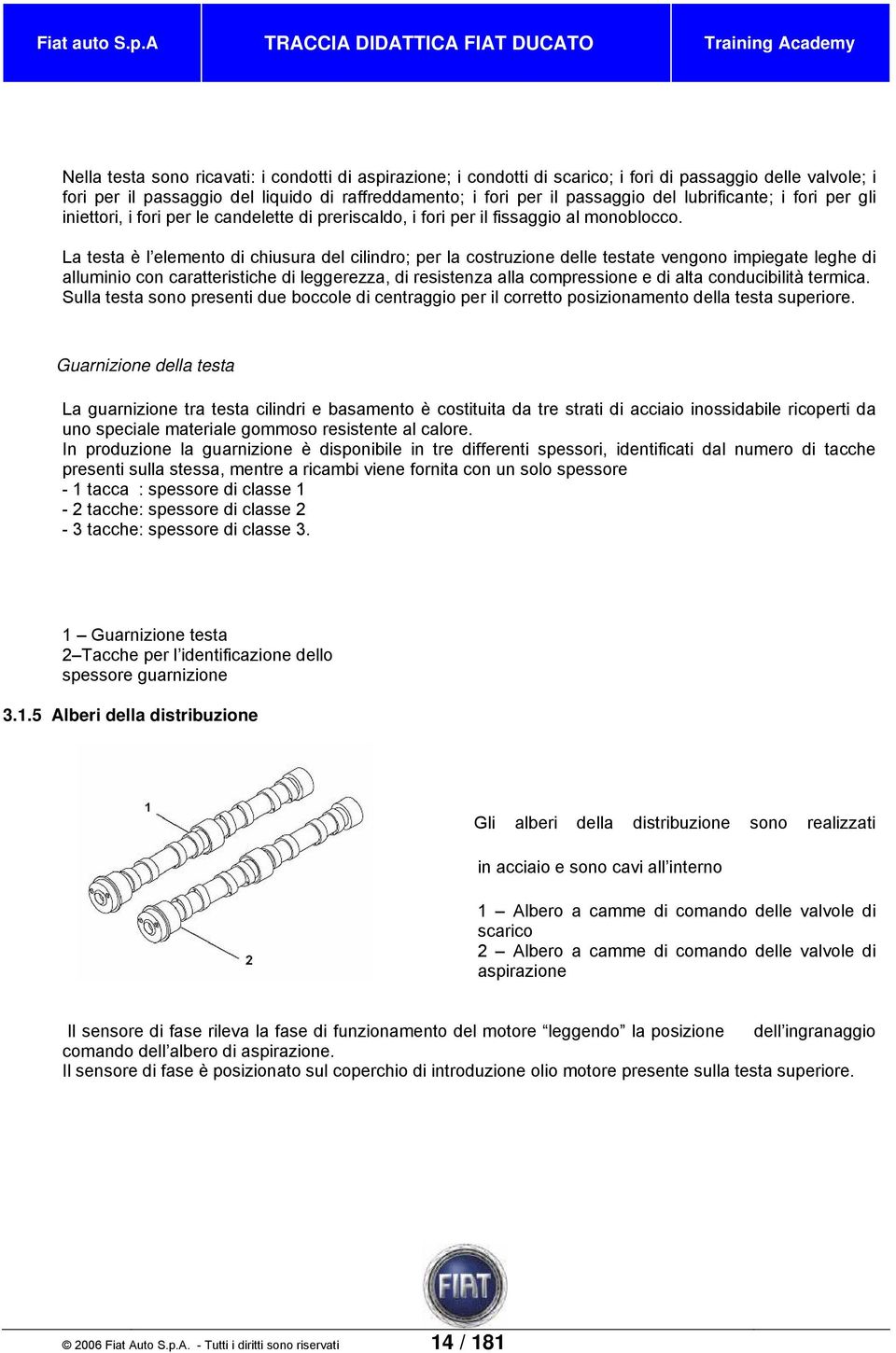 raffreddamento; i fori per il passaggio del lubrificante; i fori per gli iniettori, i fori per le candelette di preriscaldo, i fori per il fissaggio al monoblocco.