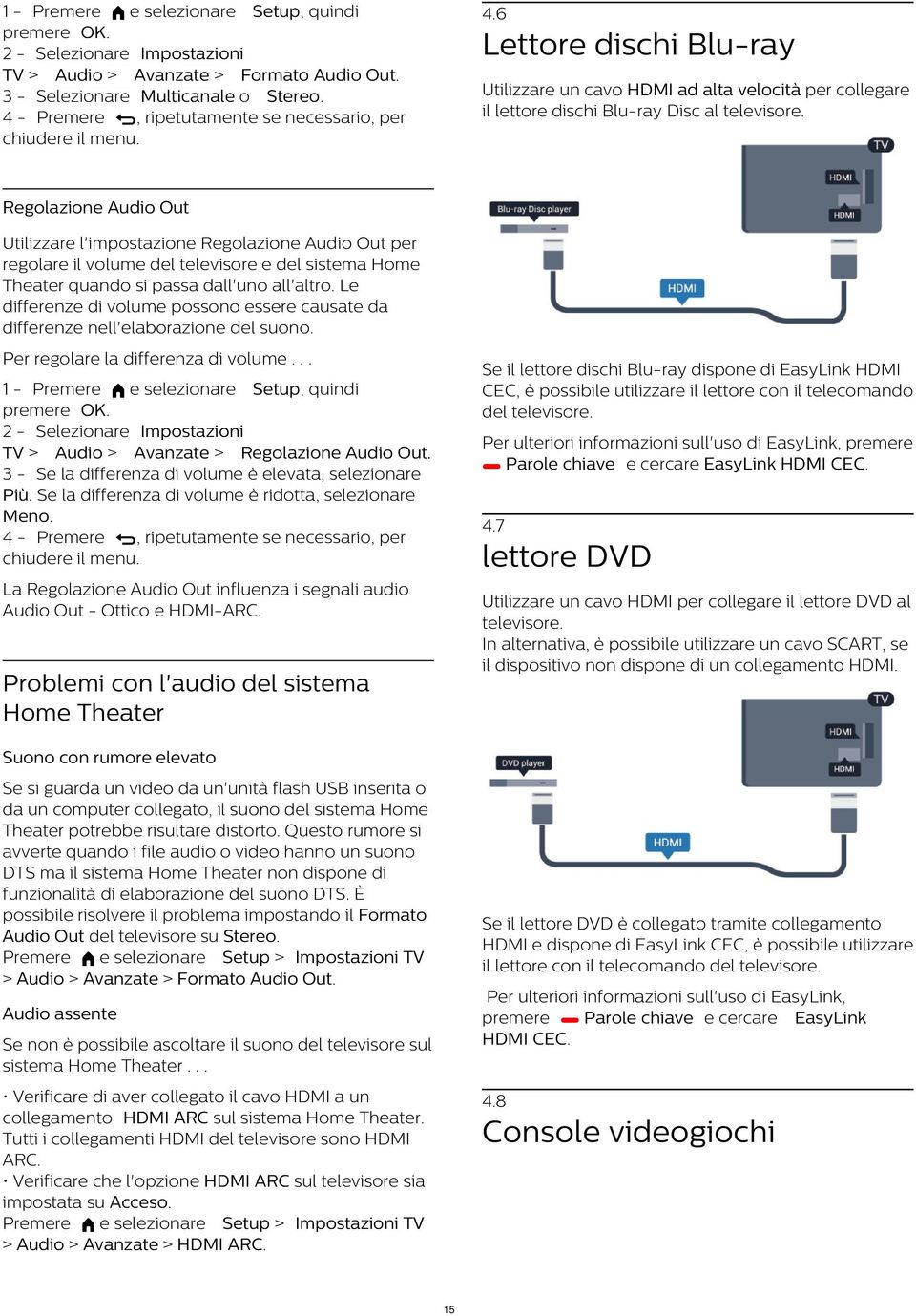 Regolazione Audio Out Utilizzare l'impostazione Regolazione Audio Out per regolare il volume del televisore e del sistema Home Theater quando si passa dall'uno all'altro.