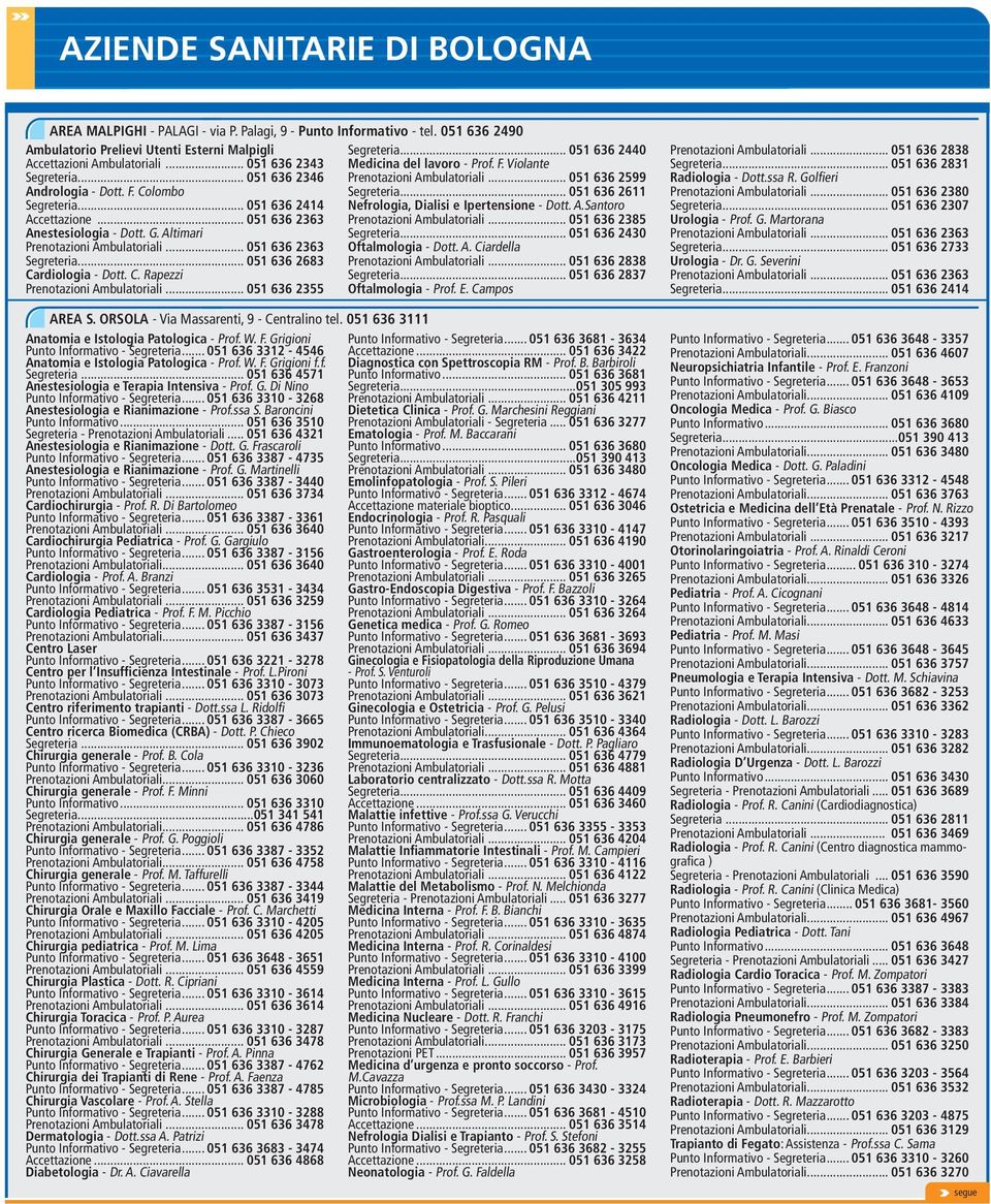 .. 051 636 2414 Nefrologia, Dialisi e Ipertensione - Dott. A.Santoro Accettazione... 051 636 2363 Prenotazioni Ambulatoriali... 051 636 2385 Anestesiologia - Dott. G. Altimari Segreteria.