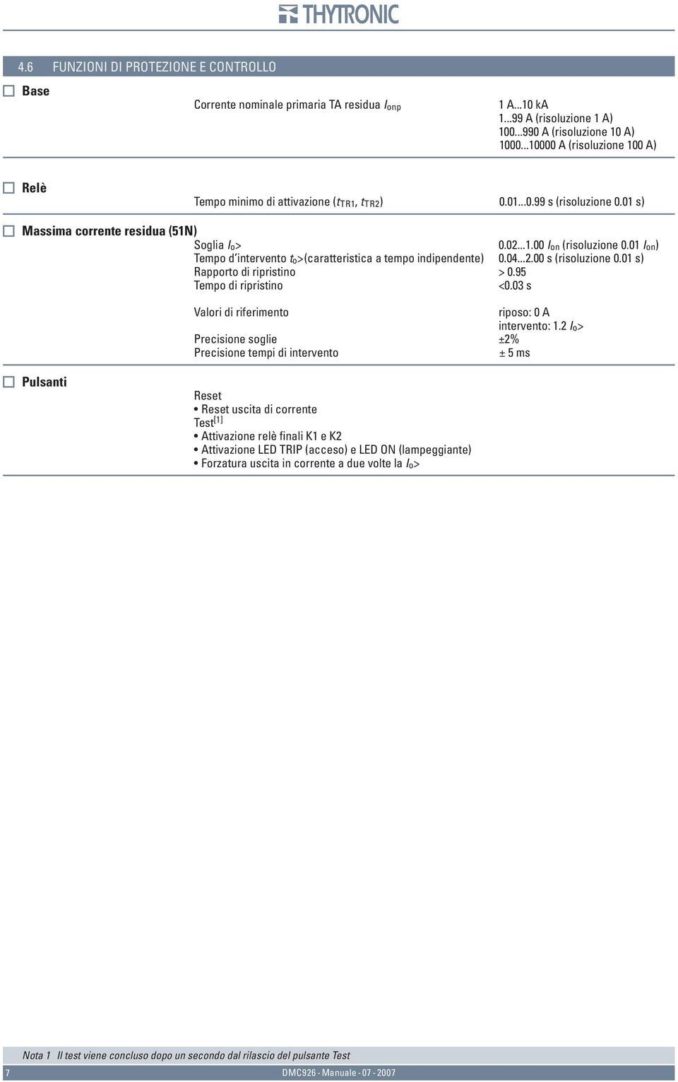 01 I on) Tempo d intervento t o>(caratteristica a tempo indipendente) 0.04...2.00 s (risoluzione 0.01 s) Rapporto di ripristino > 0.95 Tempo di ripristino <0.