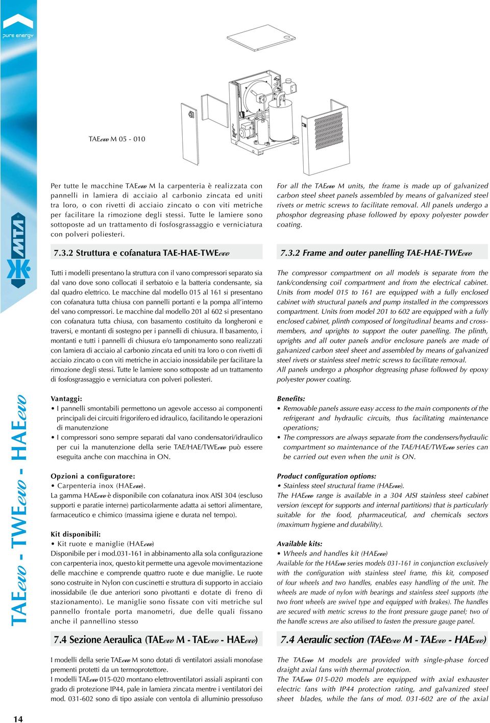 2 Struttura e cofanatura TAE-HAE-TWEevo Tutti i modelli presentano la struttura con il vano compressori separato sia dal vano dove sono collocati il serbatoio e la batteria condensante, sia dal