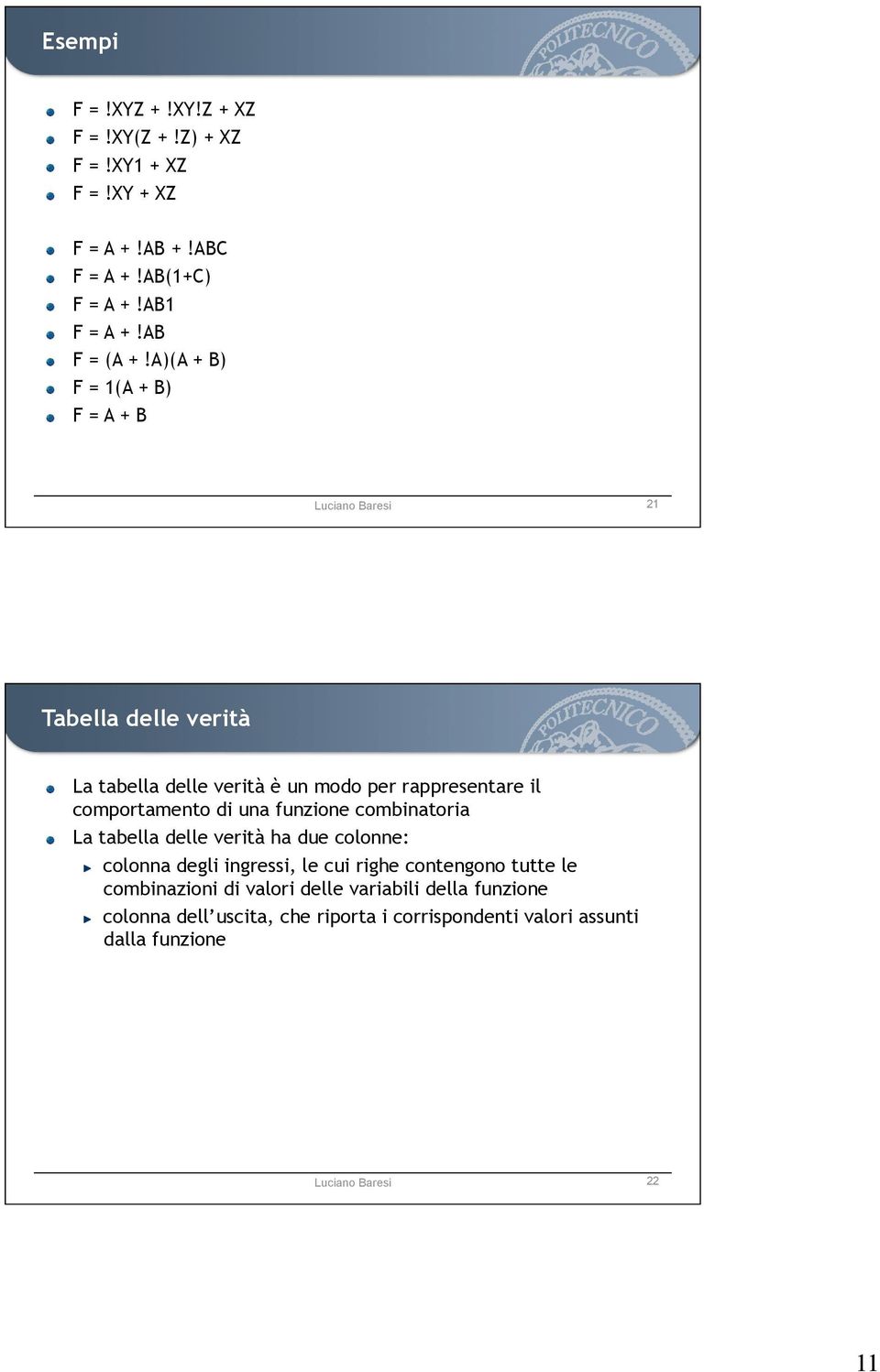 di una funzione combinatoria La tabella delle verità ha due colonne: colonna degli ingressi, le cui righe contengono tutte le