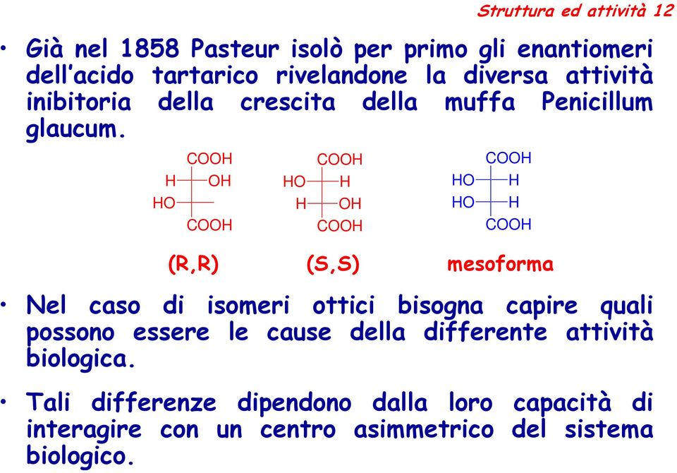 COOH COOH COOH H OH HO H HO H HO H OH HO H COOH COOH COOH (R,R) (S,S) mesoforma Nel caso di isomeri ottici bisogna capire