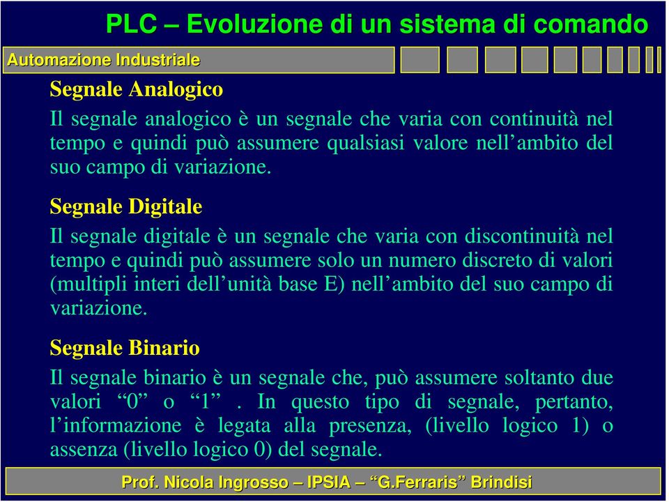 Segnale Digitale Il segnale digitale è un segnale che varia con discontinuità nel tempo e quindi può assumere solo un numero discreto di valori (multipli interi